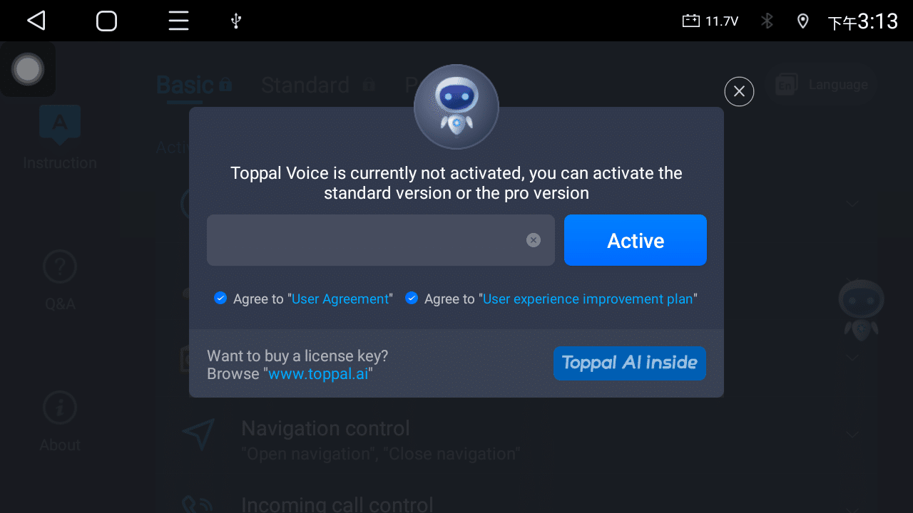 Aktivasyon kodu giriş alanını gösteren Toppal Voice uygulama aktivasyon ekranı